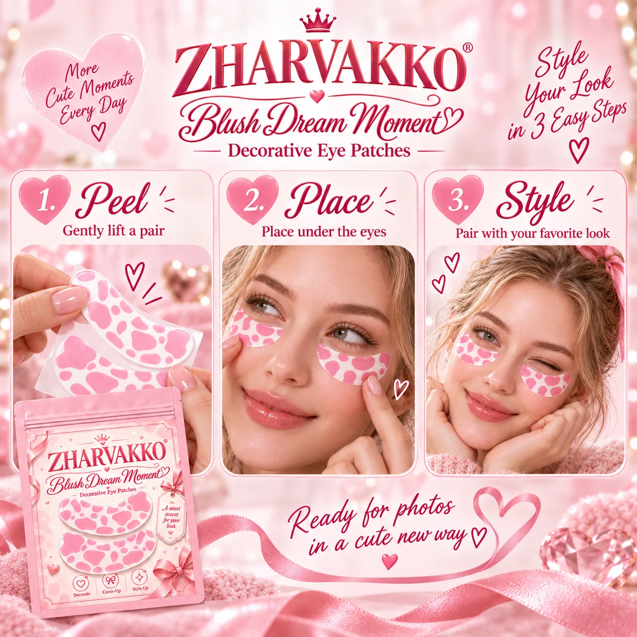 4/8pcs Pink Cow Print Decorative Eye Patches, Glossy-Look, Playful Under-Eye Accents for Coquette Makeup, Selfies & Y2K Style