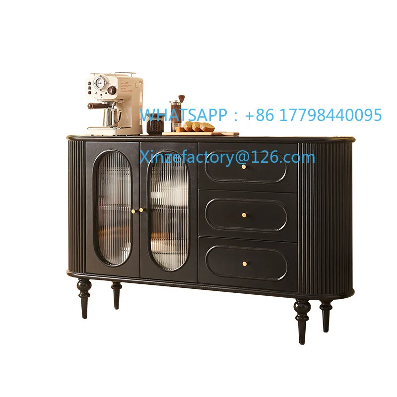 

Customizable French Solid Wood Dining Side Cabinet, Living Room Retro Wind Shutter Design, Black Integrated Tea Cabinet