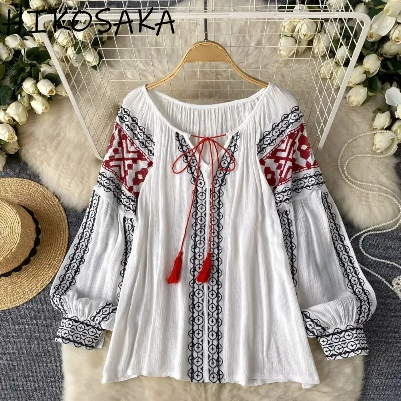 Ethnic Style Vintage Lantern Sleeve Pullover Top V-neck Lace0-up Embroidery Sweet Vintage Shirts All-match Chiffon Panelled Ropa