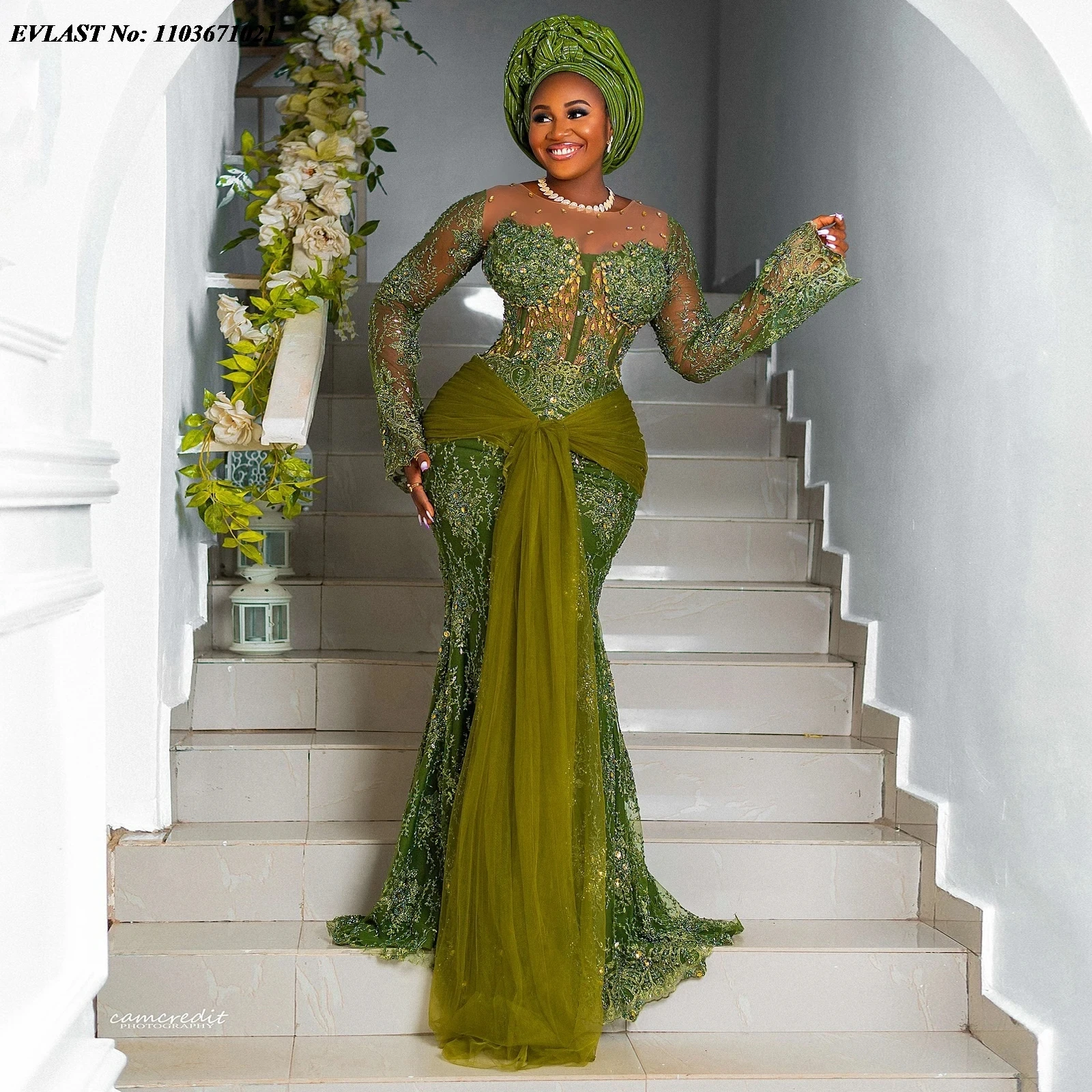 

EVLAST Asoebi Green Lace Evening Dress African Women Formal Outfits Long Sleeves Beaded Nigerian Party Dress Gala Gowns P174