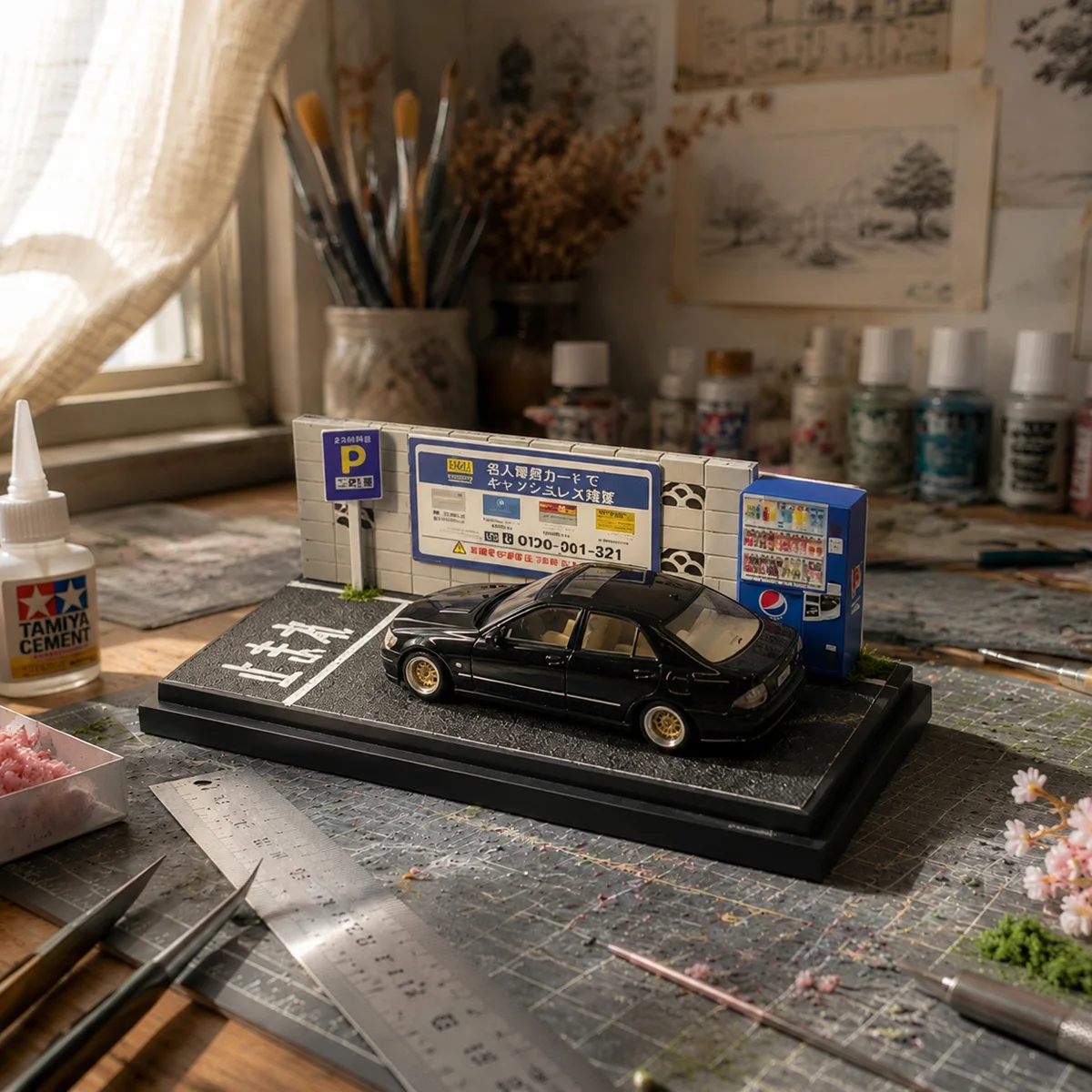 1 64 Scale Acrylic Display Box Exquisite Japanese Street Scene Parking Base Car Model Desktop Ornament
