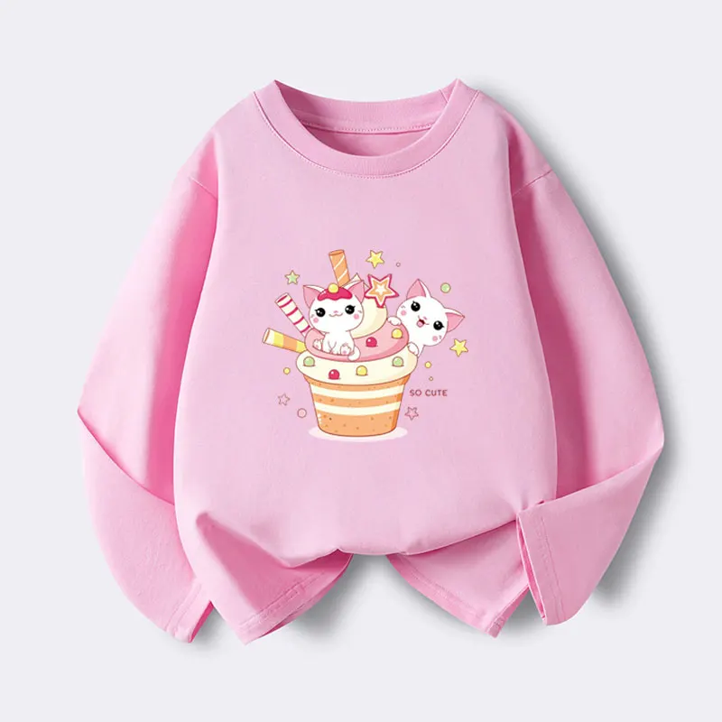 

2-12 Years Cotton Girls T-shirts Ice Cream Cat Cartoon Tees 2025 Autumn Casual Fashion Kids Tshirts Harajuku Print Tops Tees