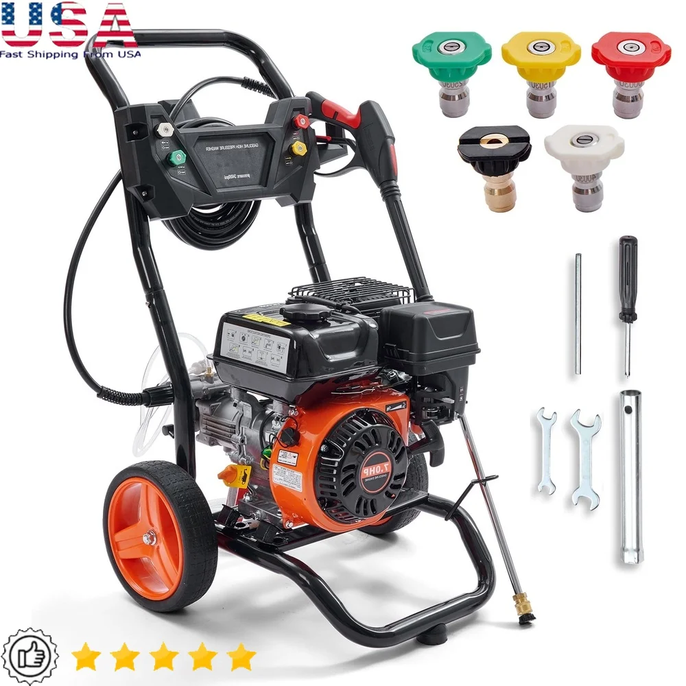 

3400 PSI Gas Pressure Washer 2.6 GPM 5 Quick Connect Nozzles 26 ft Hose Spray Gun Durable Engine Easy Maneuverability