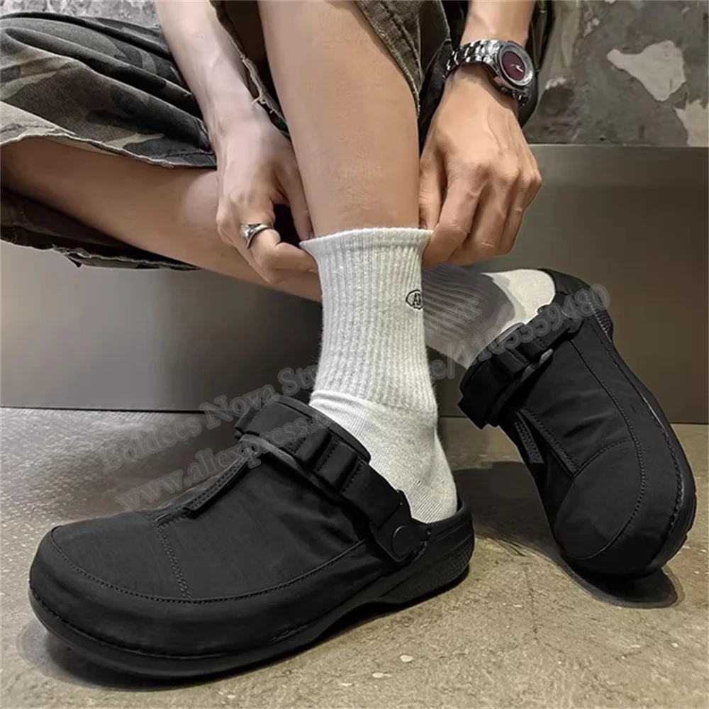 Summer New One Step Buckle Shoes Breathable Zipper Half Cap Slippers Men Round Toe Slingback Casual Comfortable  Mules