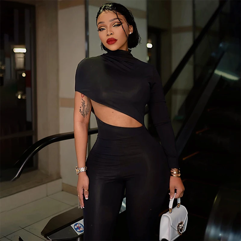 Women Hipster Long Sleeve Sexy Cut Out Irregular Black Jumpsuits  One Piece Rompers Fall 2023 Fashion Overalls Streetwear