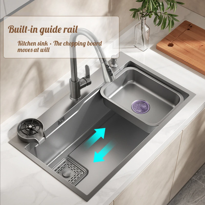 Kitchen Sink 304 Stainless Steel Large Single Slot Under Counter Installation Faucet High Pressure Cup Washer Kitchen Decoration