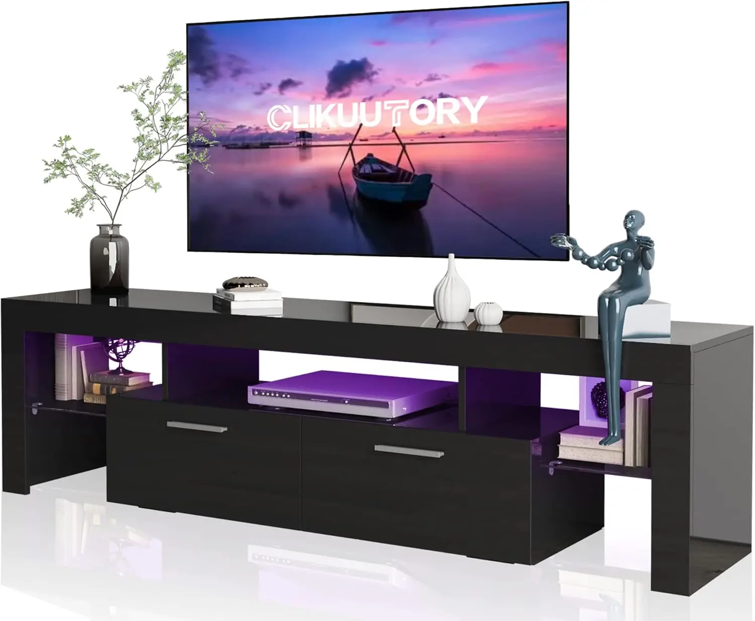 Modern LED 63 inch Long TV Stand with Large Storage Drawer for 50 55 60 65 70 75 Inch TVs, Black Wood TV Console