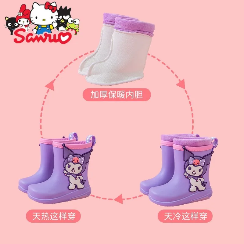 Sanrio Melody Kuromi Hello Kitty Cinnamoroll Pochacco Sleeve Mid-barrel Rain Boots Kids Fleece Non-slip Wear-resistant Baby Boot