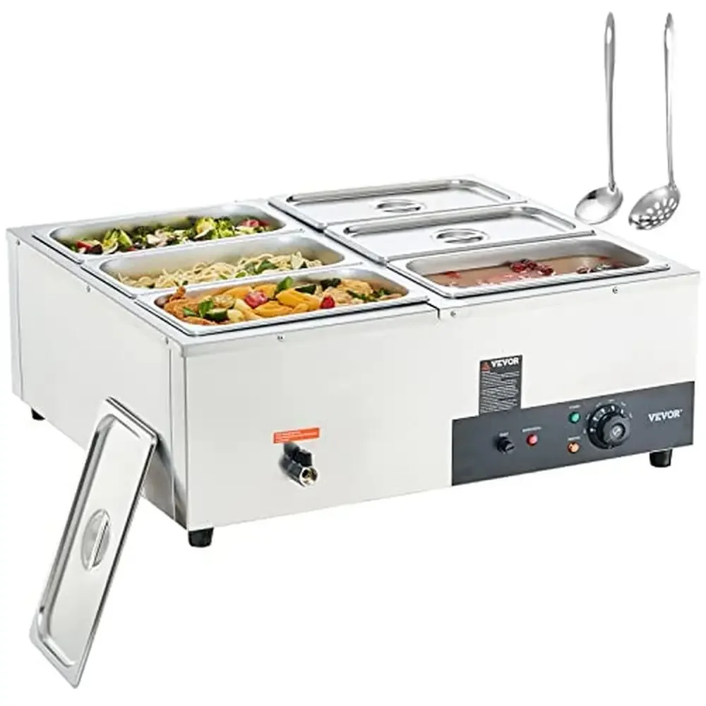 6-Pan Electric Steam Table Buffet Bain Marie Commercial Food Warmer 8QT 1500W Professional Stainless Steel Countertop Fast