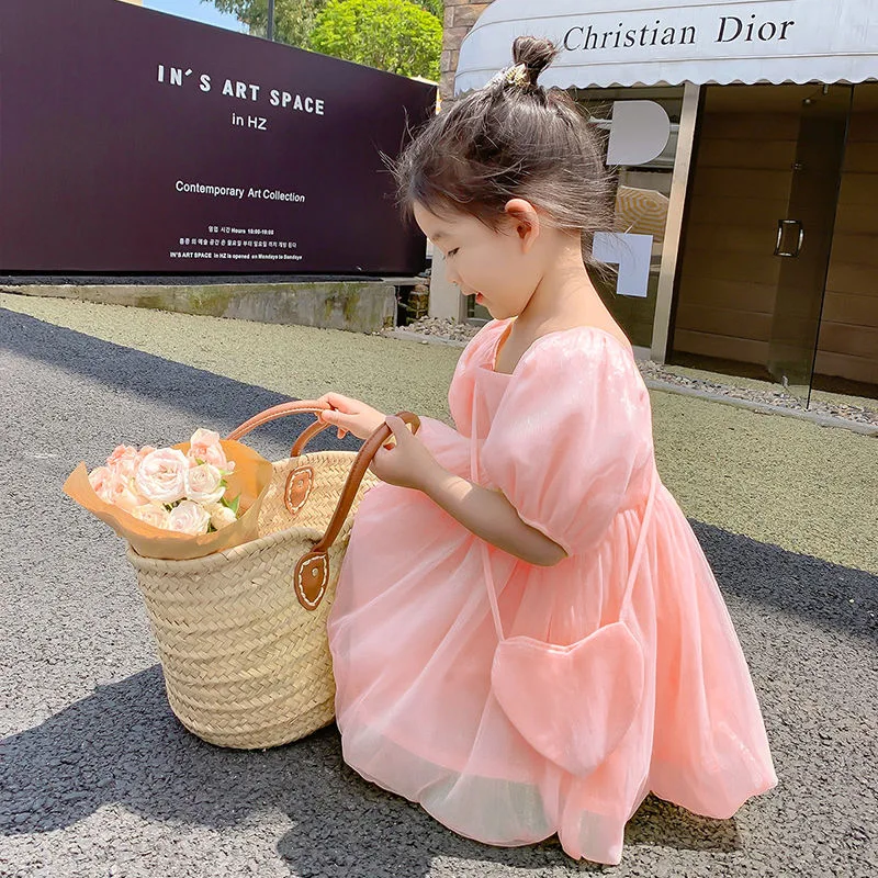 Summer Cute Puff Sleeve Elegant Princess Dress With Bag Christmas Birthday Party Kids Clothes 2 3 4 5 6 Years Baby Girls Dress