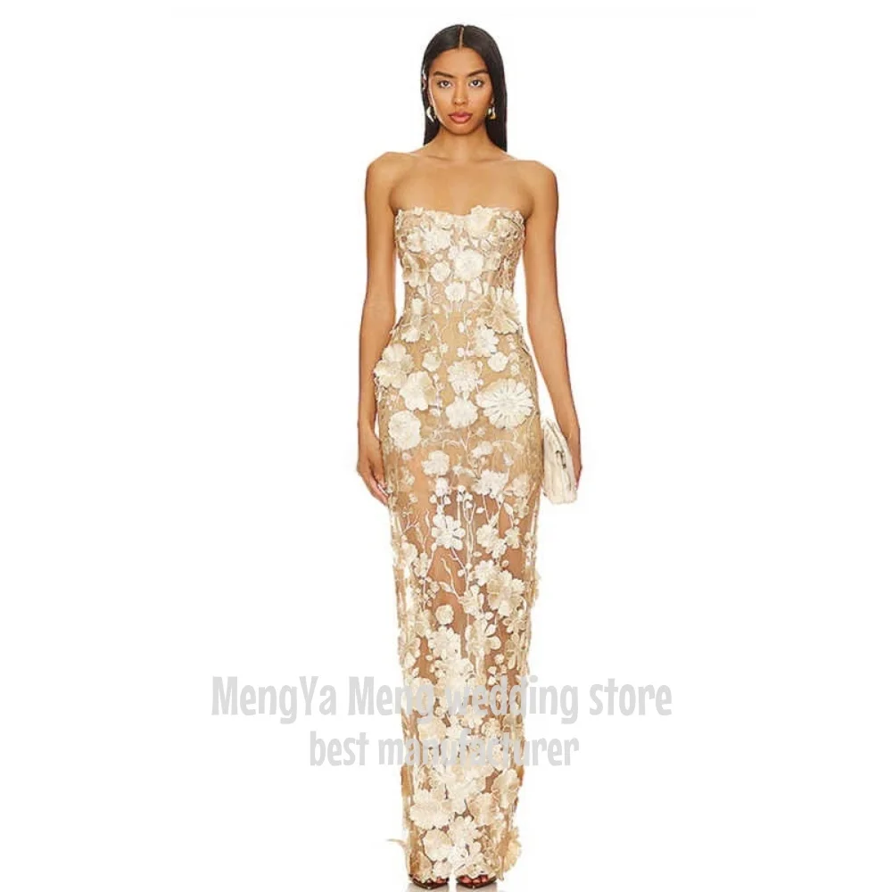 ZHUISHU Luxury Apricot Color Floral Lace Prom Dresses Floor Length Strapless Family Occasion Gowns Evening Gowns Customized