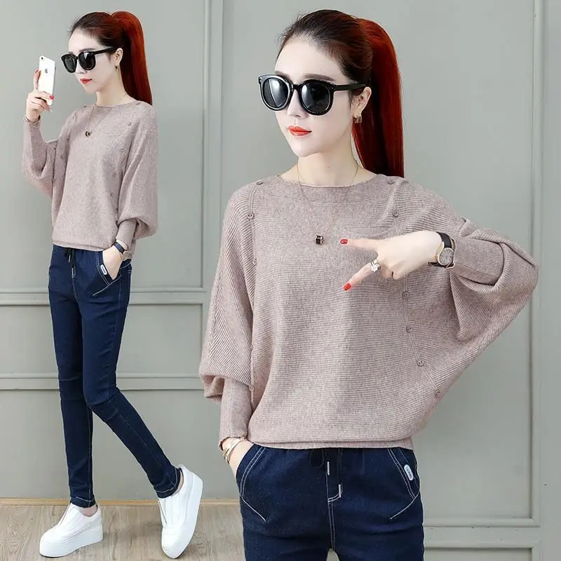 Simple Solid Color Fashion Batwing Sleeve Sweaters Spring Autumn Button Spliced Loose Ladies Elegant Round Neck Knitted Jumpers