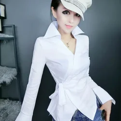 Luxury Slim Long-sleeved Shirt Women White Blouse Korean Fashion Top Lace-up Chic New Black Jacket Office Ladies