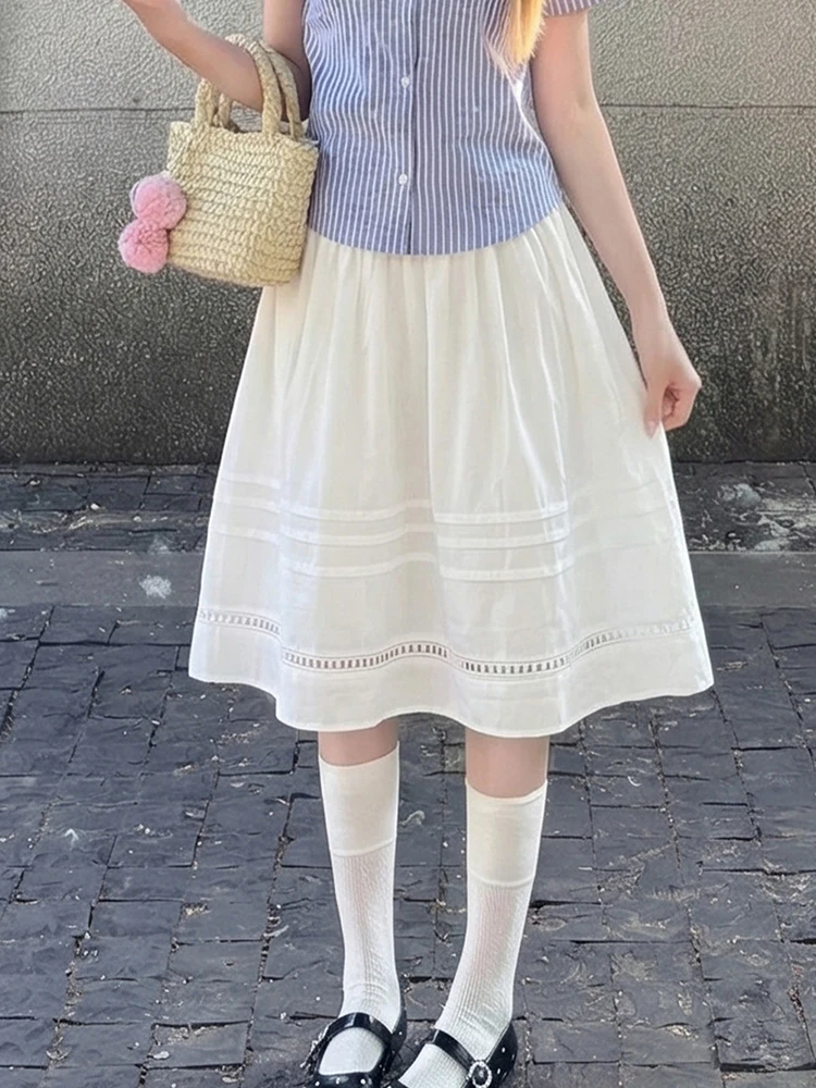 

White Hollow Out Skirt Women Sweet Preppy Style Loose Cute Midi Skirts Summer High Waist Female Korean Casual Chic A Line Skirt