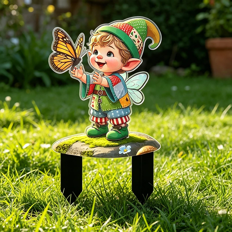 Acrylic Boy Butterfly Ground Card Insertion Cute Cartoon Boy Figurine Sculpture Waterproof Creative Garden Floor Plugs Patio