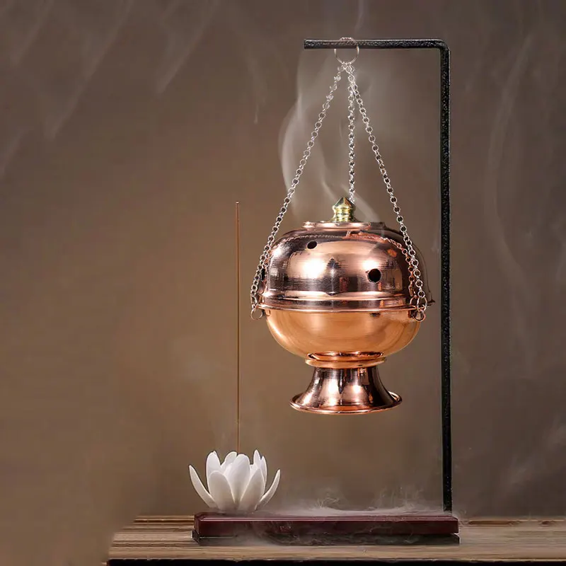 

Household Hanging Incense Burner Indoor Living Room Red Copper Polished Aromatherapy Stove Meditation Smoke Furnace Study Decor