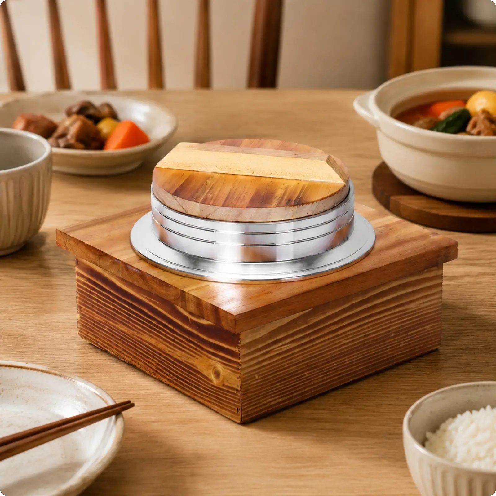 Stovetop Noodle Pan Aluminum Alloy with Wooden Cover Nonstick Interior Detachable Handle Heat Resistant Base Cooktop