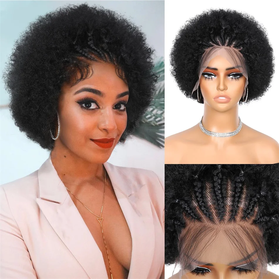 Afro verworrene lockige Echthaar Perücke mit Zöpfen 250% Dichte 13x4 transparente Spitze frontal federnd lockige kurze Bob Perücke 6 Zoll für Frauen