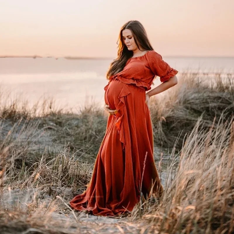 Boho Maternity Dress Linen Cotton Photo Shooting Pregnancy Women's Dress Off Shoulder Ruffle Edge Short Sleeve Baby Shower cloth