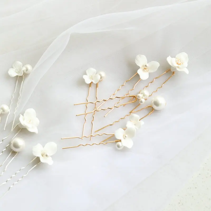 6Pcs/Set Ceramic Flower Bridal Hairpin Tiara Accessories New Arrival Simple Pearl Wedding Headpiece Jewelry For Women