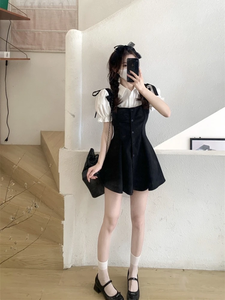 2024 Kawaii Preppy Style Suit Black Slip Dress White Blouse Spring Sweet Korean Fashion Femle Outfit Women Elegant Two Pieces