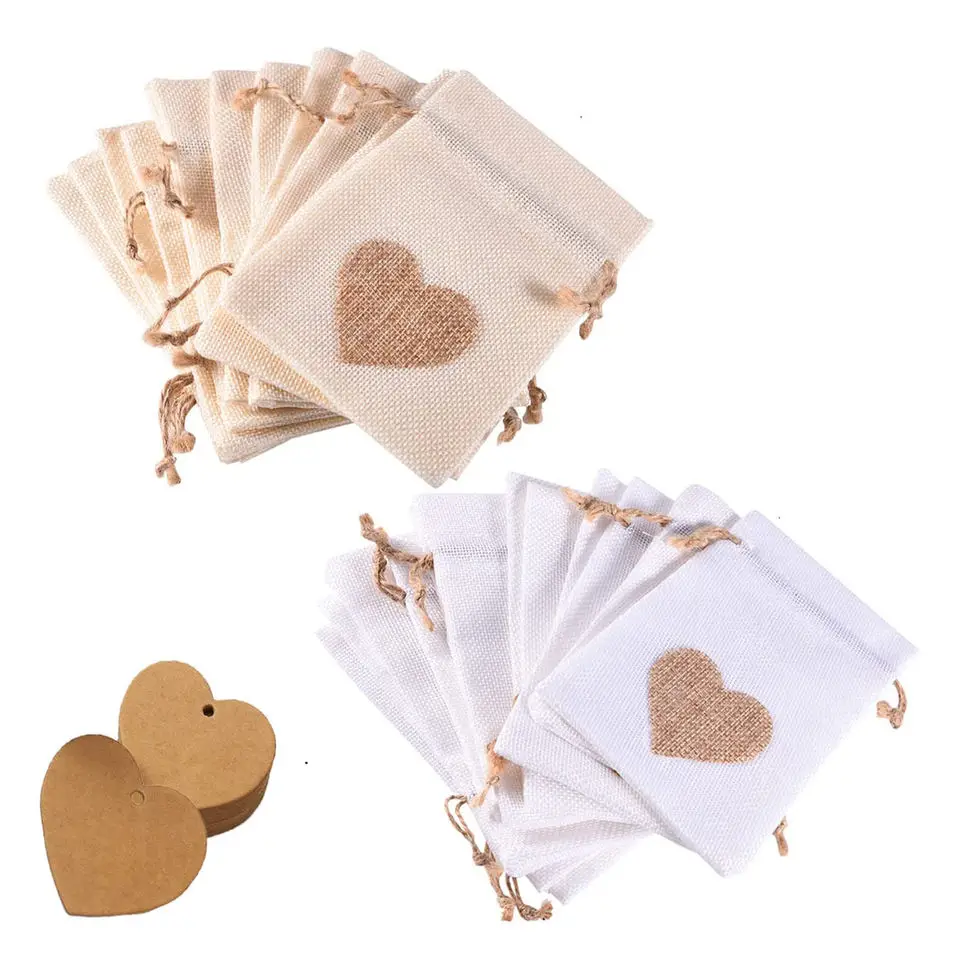 

DIY Party Gift Heart Shape Drawstring Jute Pouch With Tags 50Pcs/Lot For Wedding Jewelly Christmas Candy Package Bags