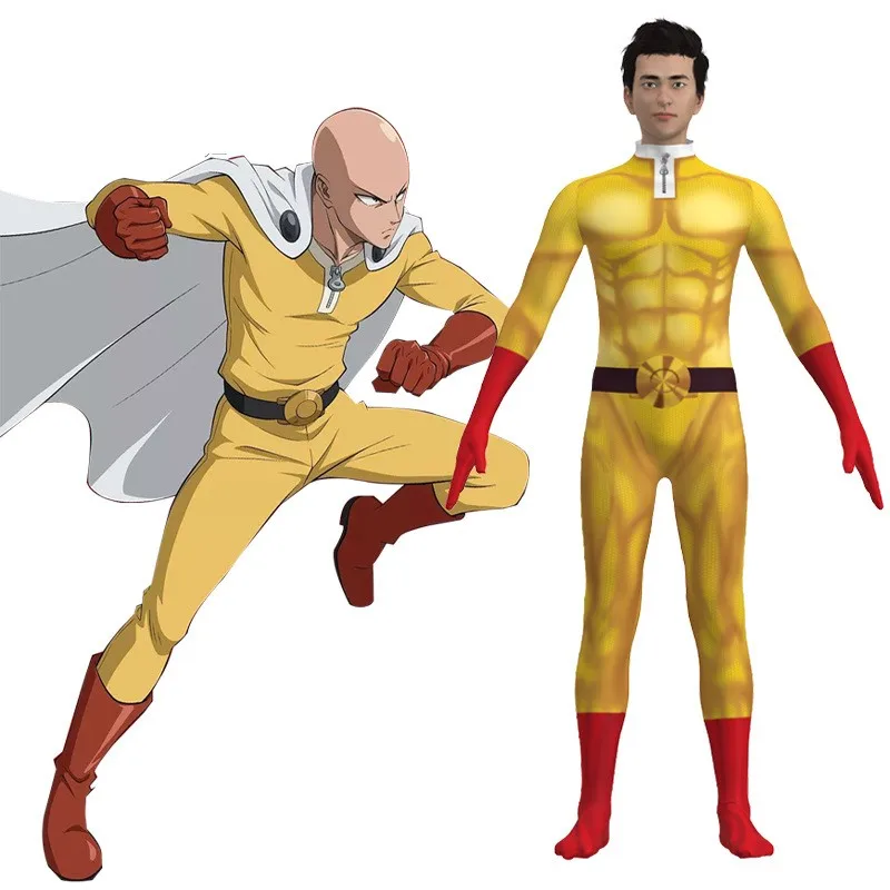 

Anime One Punch Man Saitama Cosplay Costume Japanese Yellow Muscle Jumpsuit With White Cloak Outfits Halloween Suit