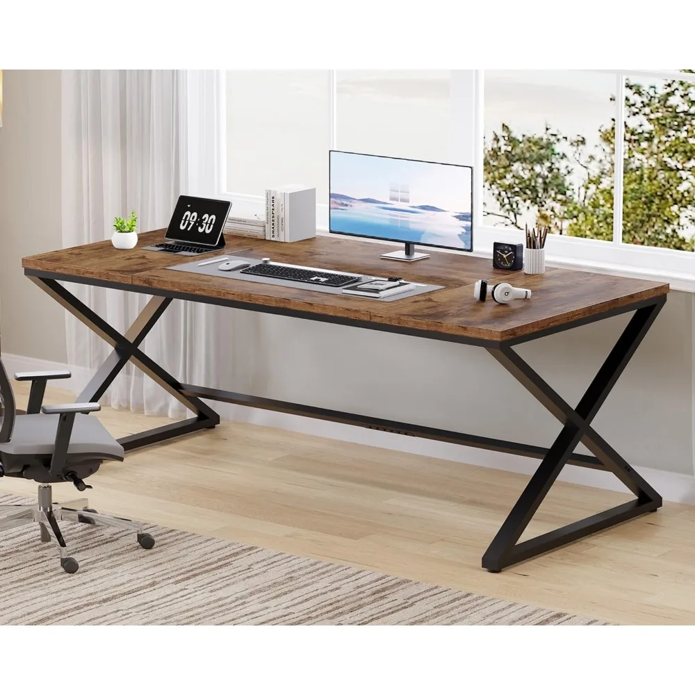 

Rustic Large Home Office Desk, 70.8" Long and Wide Computer Desk, Wood Metal Work Desk for Study Writing Gaming, Farmhouse Dual