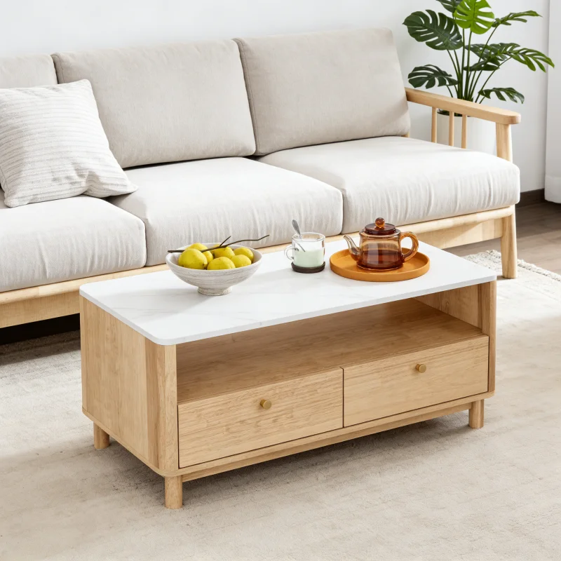 

#Modern Coffee Table With White Marble Top & Fluted Drawers, Open Shelf Storage For Living Room