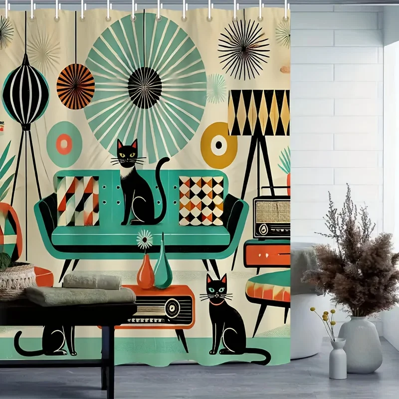 1pc Retro Pop Art Shower Curtain - Mid-Century Modern Bathroom Decor with Teal Sofa, Black Cats - Machine Washable Polyester Bat