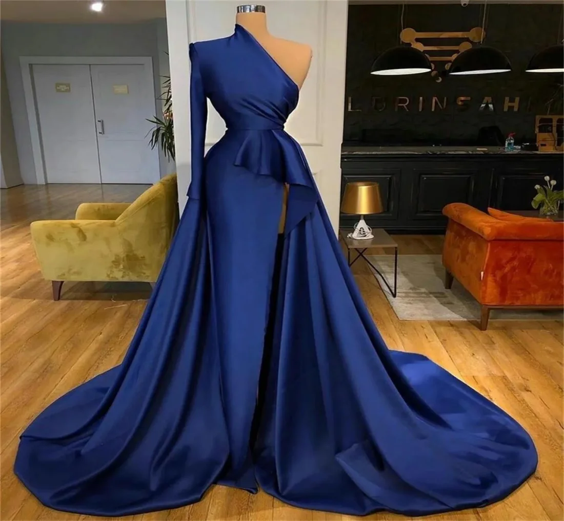 

2024 One Shoulder Formal Evening Dress Long Sleeves Satin Floor-Length Party Dress Women Special Occasion Dress Robes de soirée