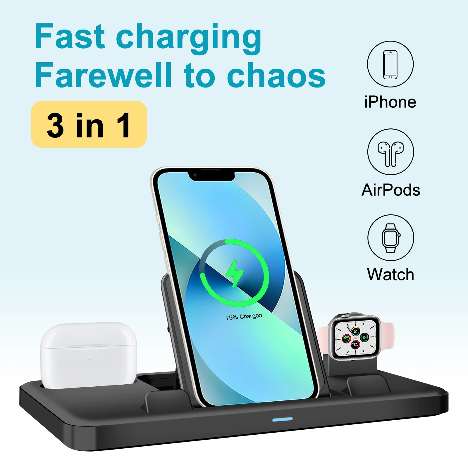 Charging Station for Multiple Apple Portable 5V 3A/9V 2A Type-c Charger Stand Holder for iPhone Airpods Iwatch Tablet Headset