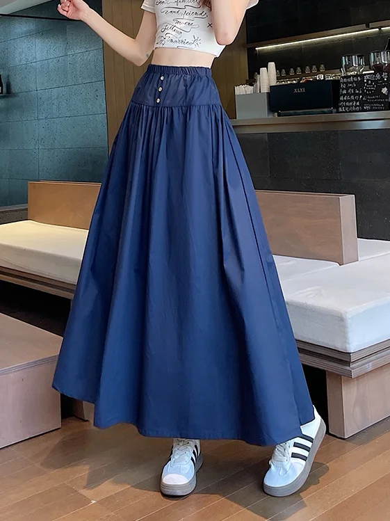 

Sweet High Waist A-Line Midi Skirt with Cover Hip Women's Long Skirt Korean Style Artistic White Three Button Design