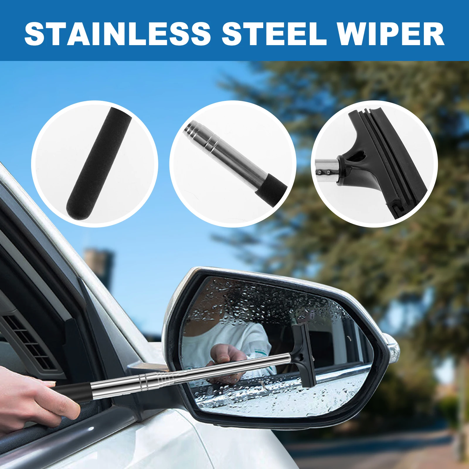 2Pcs Car Rearview Mirror Wiper Mini Squeegee Stainless Steel Telescopic Car Side Mirror Window Wash Cleaning Tool Handheld Wiper