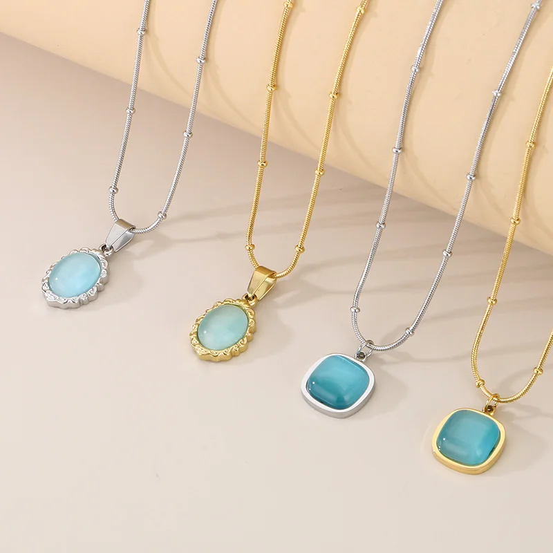 

French Round Square Cat's Eye Stone Pendant Necklaces For Women Gold Silver Color Stainless Steel Collar Choker Mujer Jewelry