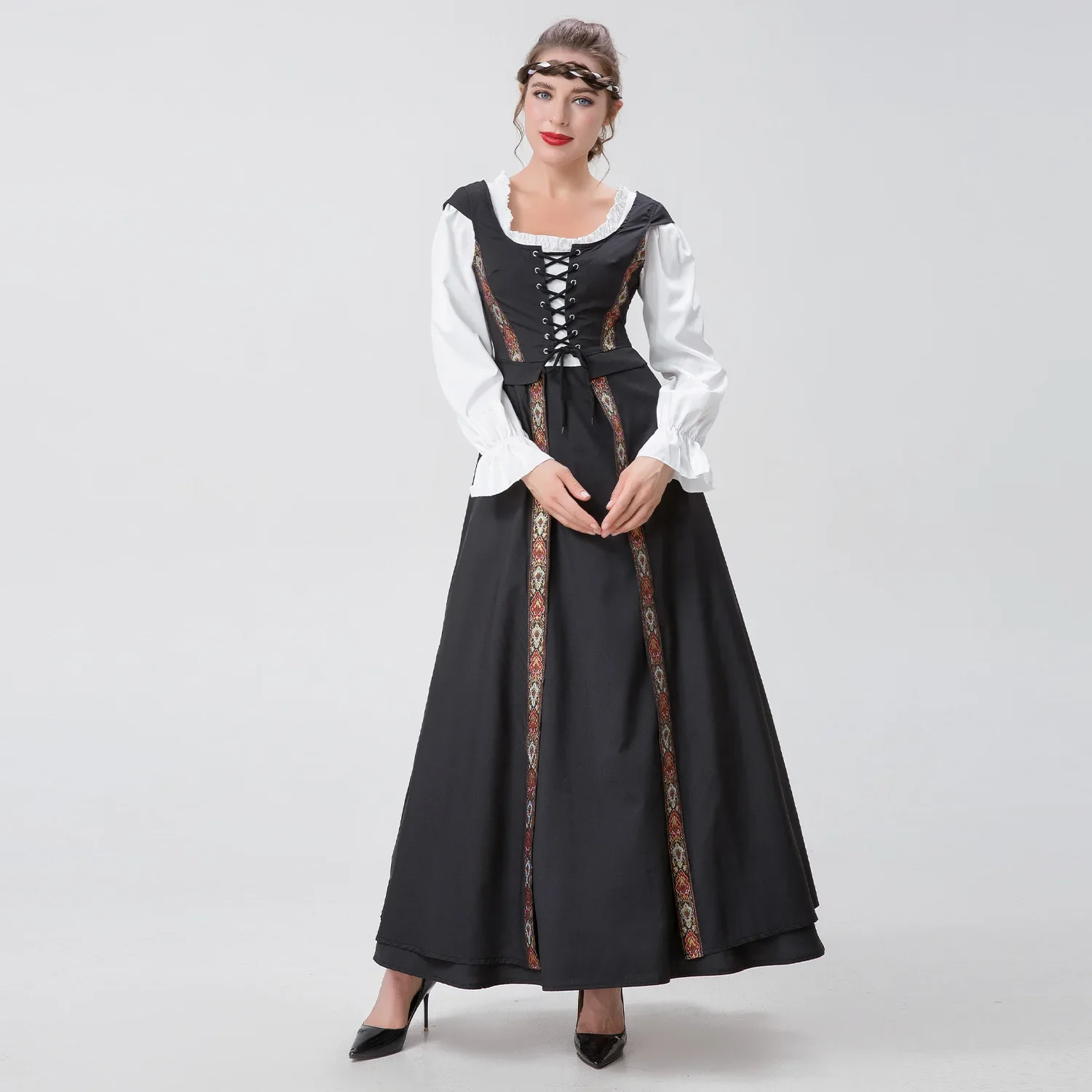 Renaissance Middeleeuwse Hof Gothic Fancy Vampier Cosplay Vintage Punk Lange Mouw Koningin Elegante Jurk Halloween Kostuum