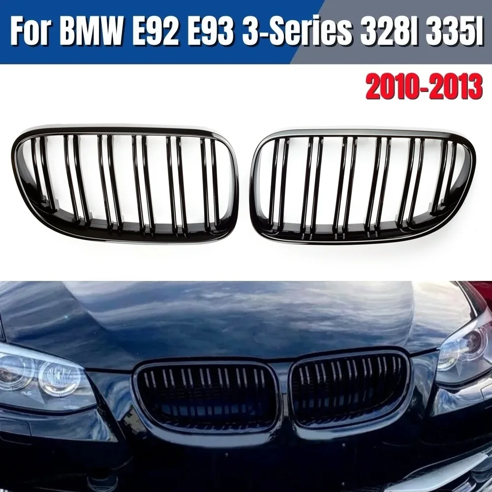 2Pcs Car Style Gloss Black Front Kidney Double Slat Grill Grille For-BMW E92 E93 3-Series 328I 335I Coupe LCI 2010-2013