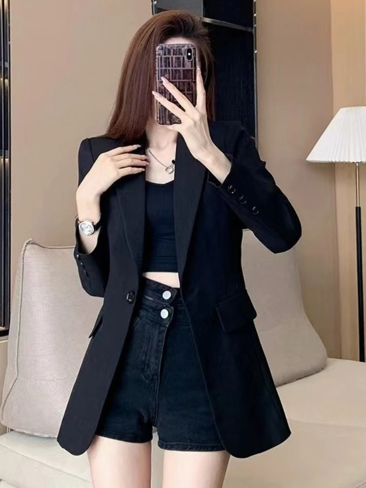 2026 Spring Autumn Women Black Blazer Slim Fit Mid Length Office Lady Chic Formal Suit Jacket Elegant Work Wear Tops