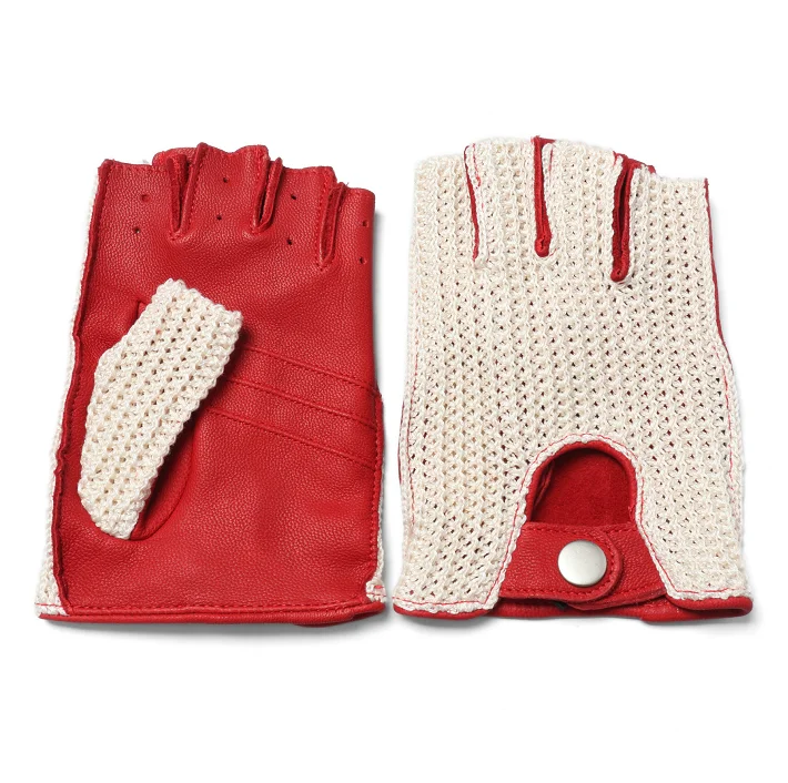 Factory Direct  Genuine Leather Gloves Men Cotton Knitted Sheepskin Half Finger Riding Motorcycle Driving Car White guantes