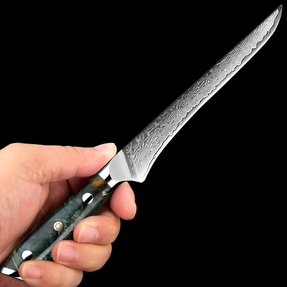 

Damascus Boning Knife Ultra Sharp Fillet Knife for Fish and Meat Full-tang Chef knife Japanese VG-10 Steel Blade Stabilized wood