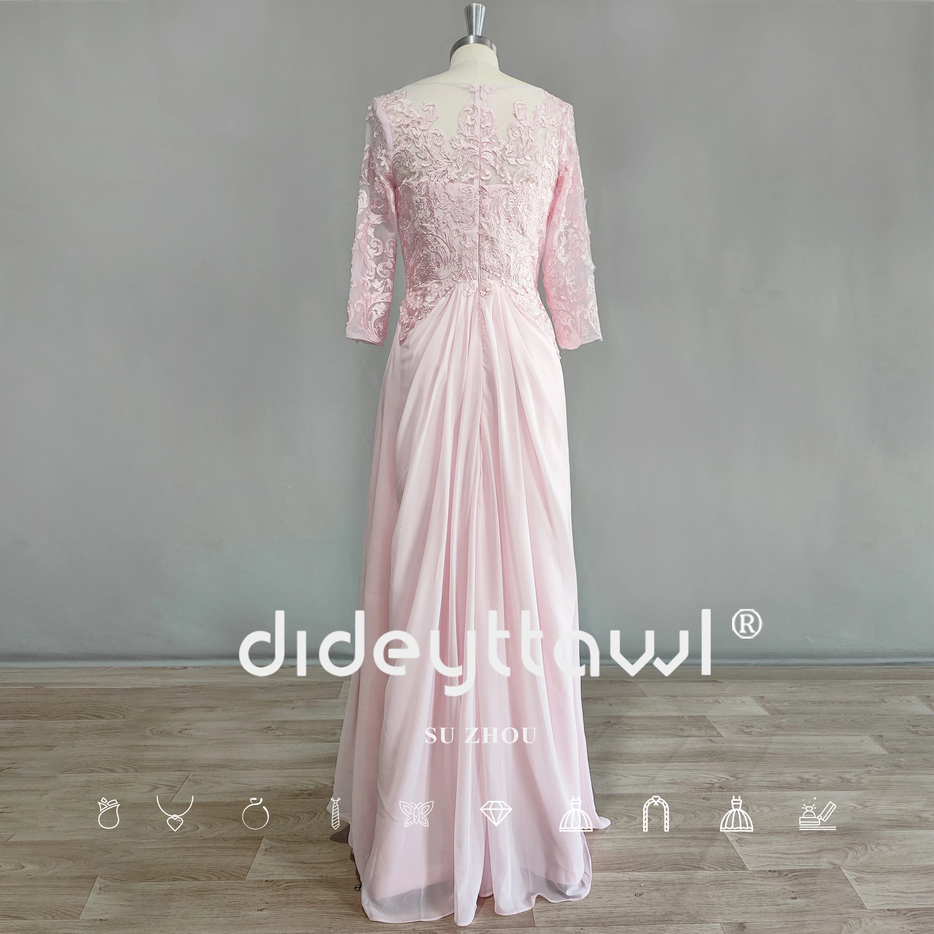 DIDEYTTAWL Fotos Reais Pink Lace Applique Prom Dress 2023 Chiffon A Linha Meia Manga Ruched Pavimento Comprimento Vestido de Noite