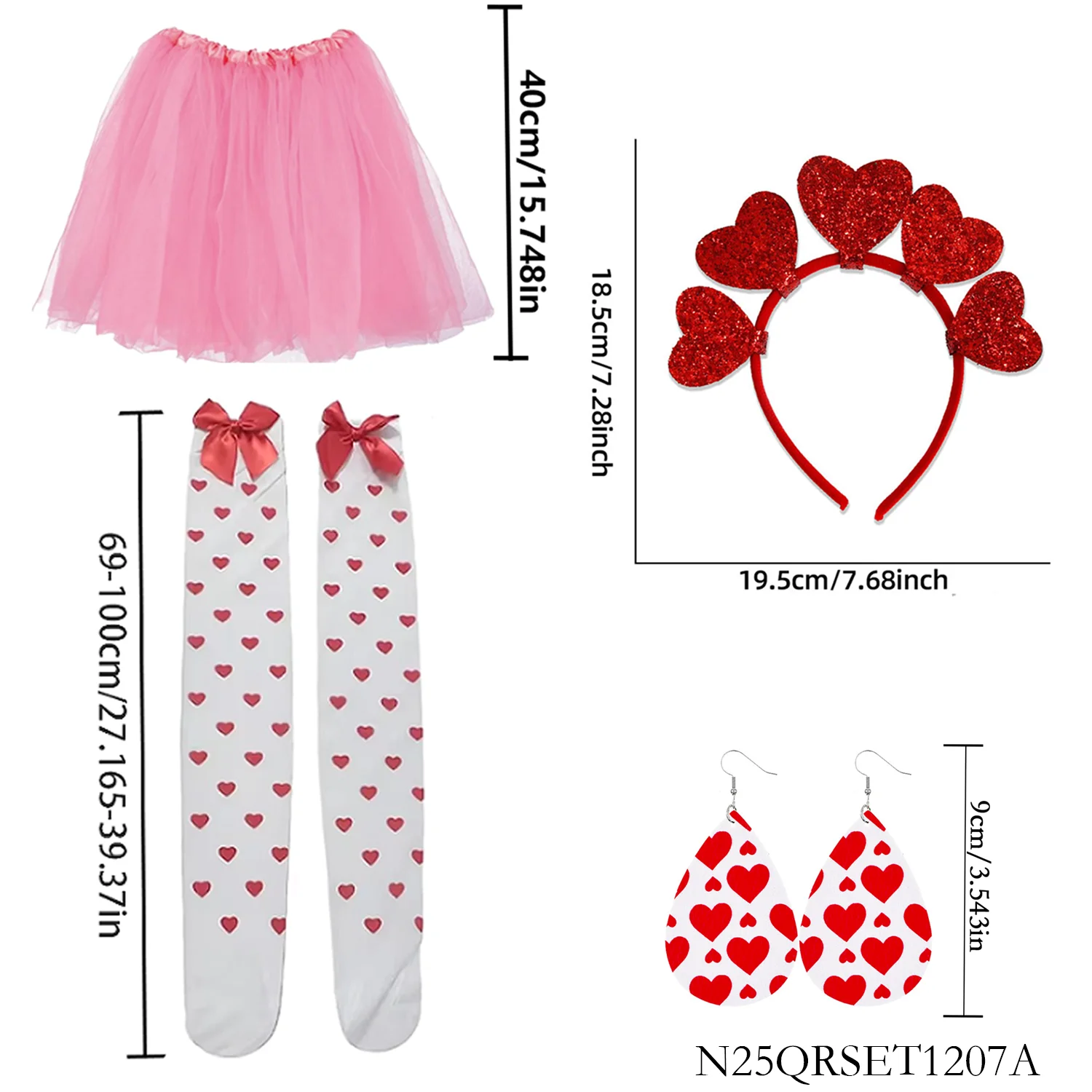 PESENAR Conjunto de fantasia de coração rosa e vermelho para dia dos namorados, saia tutu, faixa de cabeça, meias, brincos, acessório