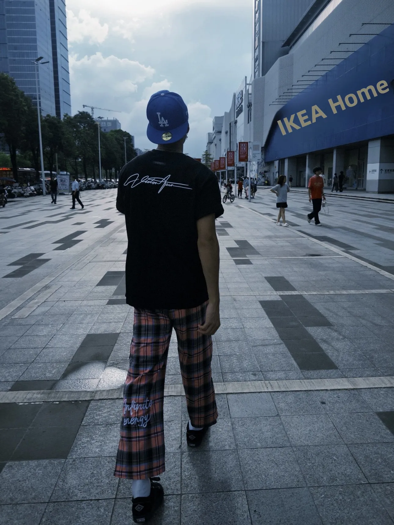 Pantalones de pierna ancha a cuadros rosas bordados Retro americanos, pantalones largos rectos holgados informales para las cuatro estaciones para hombre