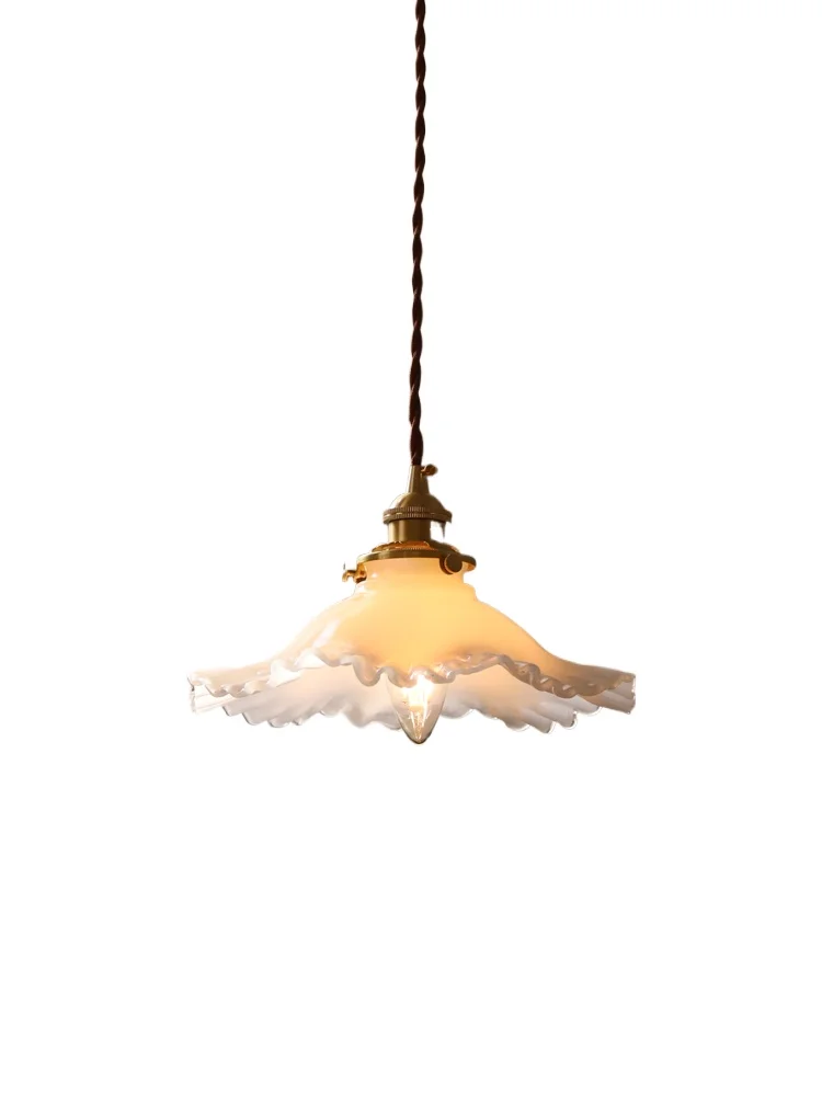 

French all-copper small chandelier Japanese-style entrance bar counter entry bedside white-green jade glass brass lamp
