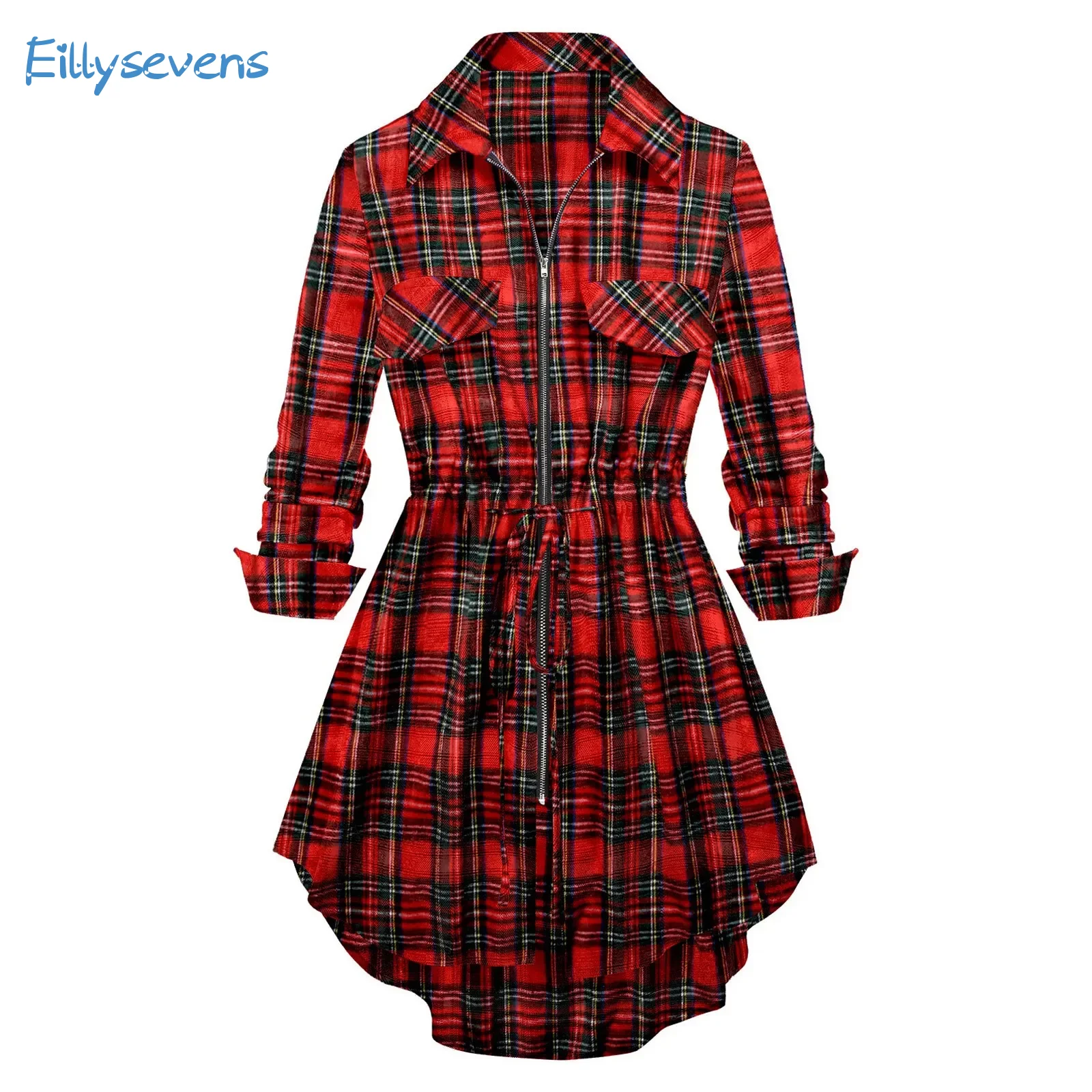 Women'S Mid Length Shirts Classic Vintage Plaid Zip-Up Long Sleeve Fitting Shirts Drawstring Waist All-Match Daily Commute Shirt