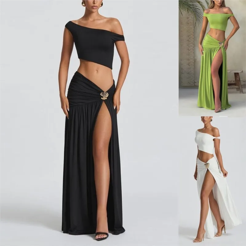 

2 Piece Set For Women Elegant Sexy Popular Off Shoulder Solid Slim Tops Long Skirt Outfits Party Dresses New In Matching Sets