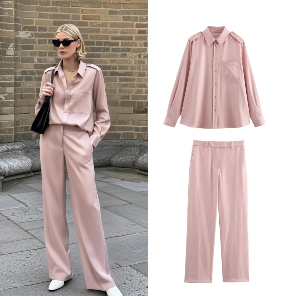 

2025 Taop&Za Womens Suit Set Pink Shirt with Shoulder Straps and Matching Trousers for a Chic and Coordinated Look