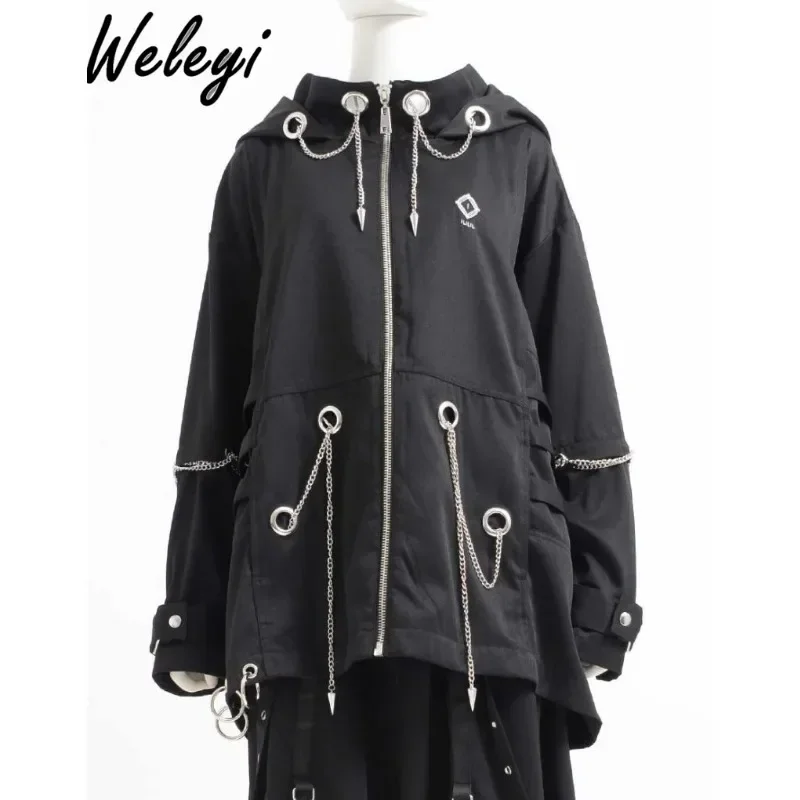 Japanese Punk Mine Heavy Metal Chain Black Hooded Jacket for Women 2024 Spring New Subculture Loose Coat and Wide-leg Pants