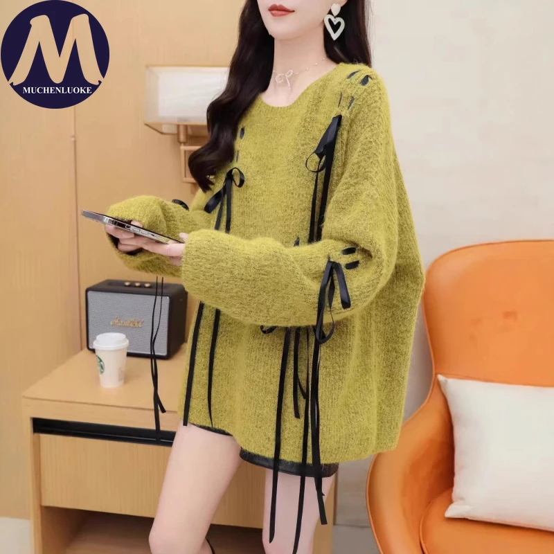 Sweater for Woman Autumn Winter Lazy Style Tassel O Neck Knitted Thicken Sweater Korean Fashion Casual Loose Keep Warm Pullovers