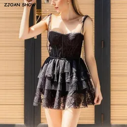 2024 Sexy Black Flower Print reggiseno in pizzo a rete impiombato stile corsetto Mini abito da torta vita sottile Party Skater Bow allacciatura abito fionda